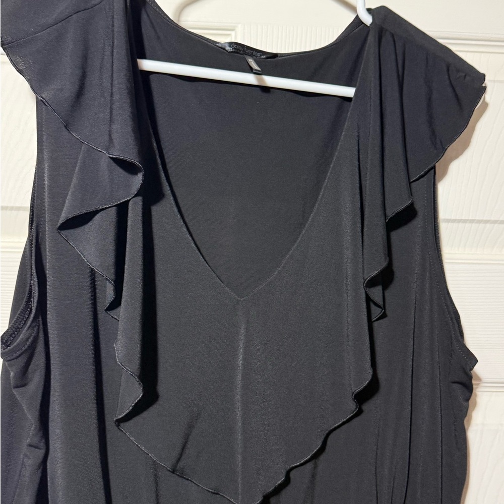 Daisy Fuentes Black Ruffle V-Neck Midi Dress